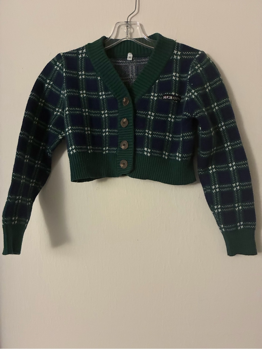 Source Unknown Green & Navy Plaid Cropped V-Neck Cardigan